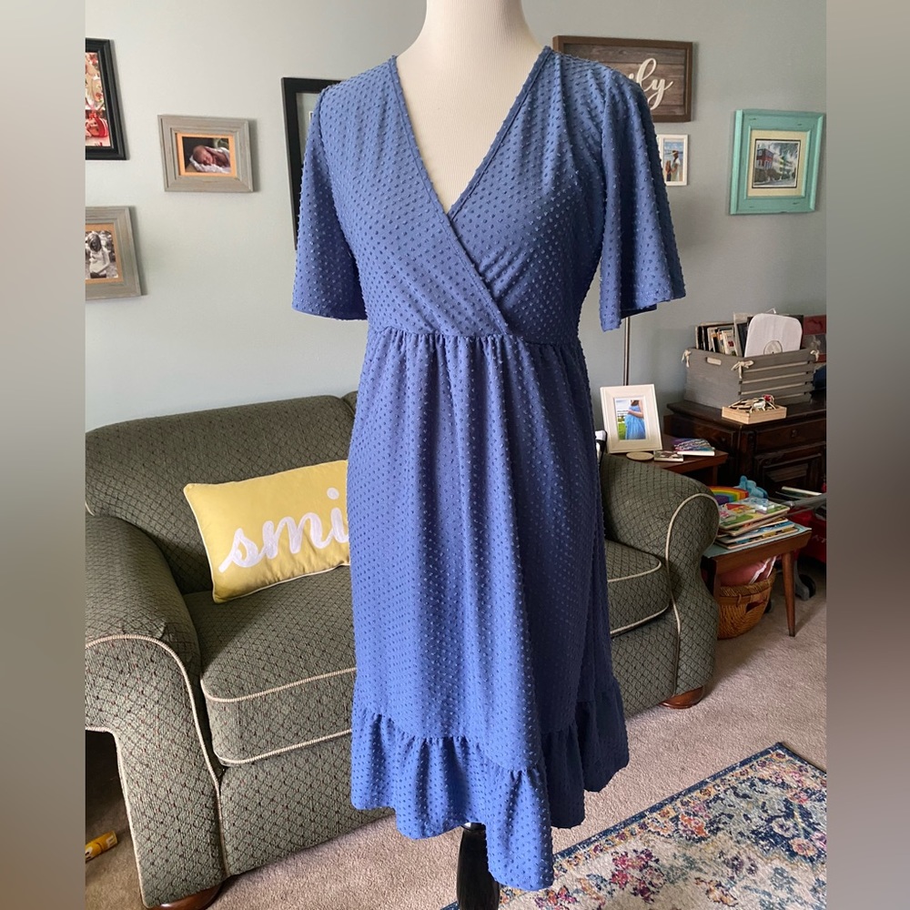 Swiss dot blue nursing friendly dress